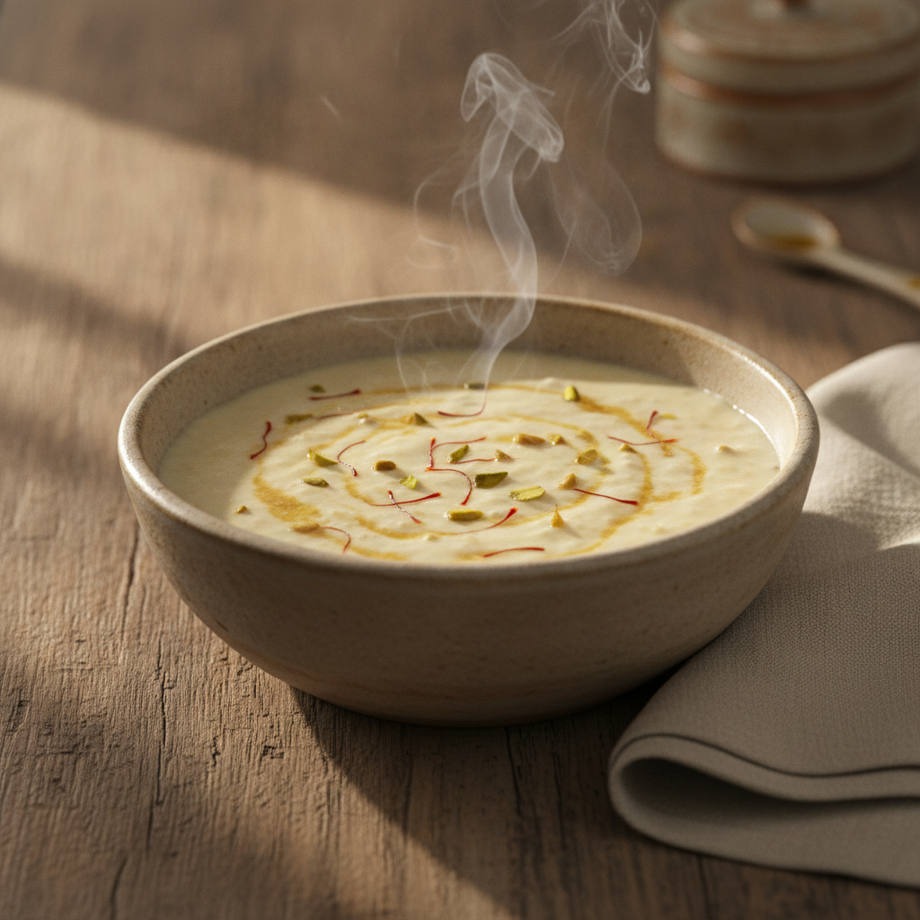 Creamy Ground Rice Milk Pudding with Saffron