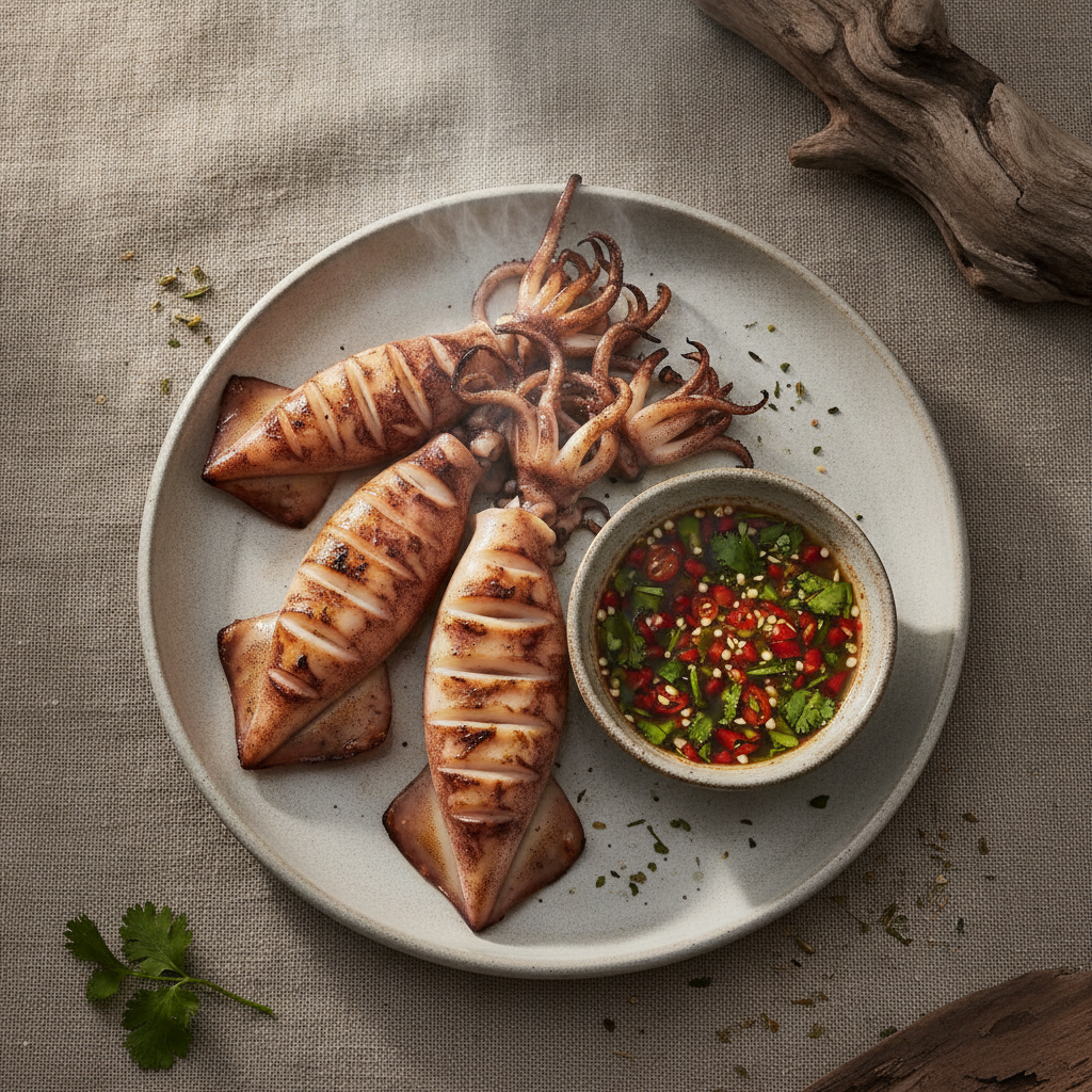 Tender Grilled Squid with Spicy Seafood Dipping Sauce