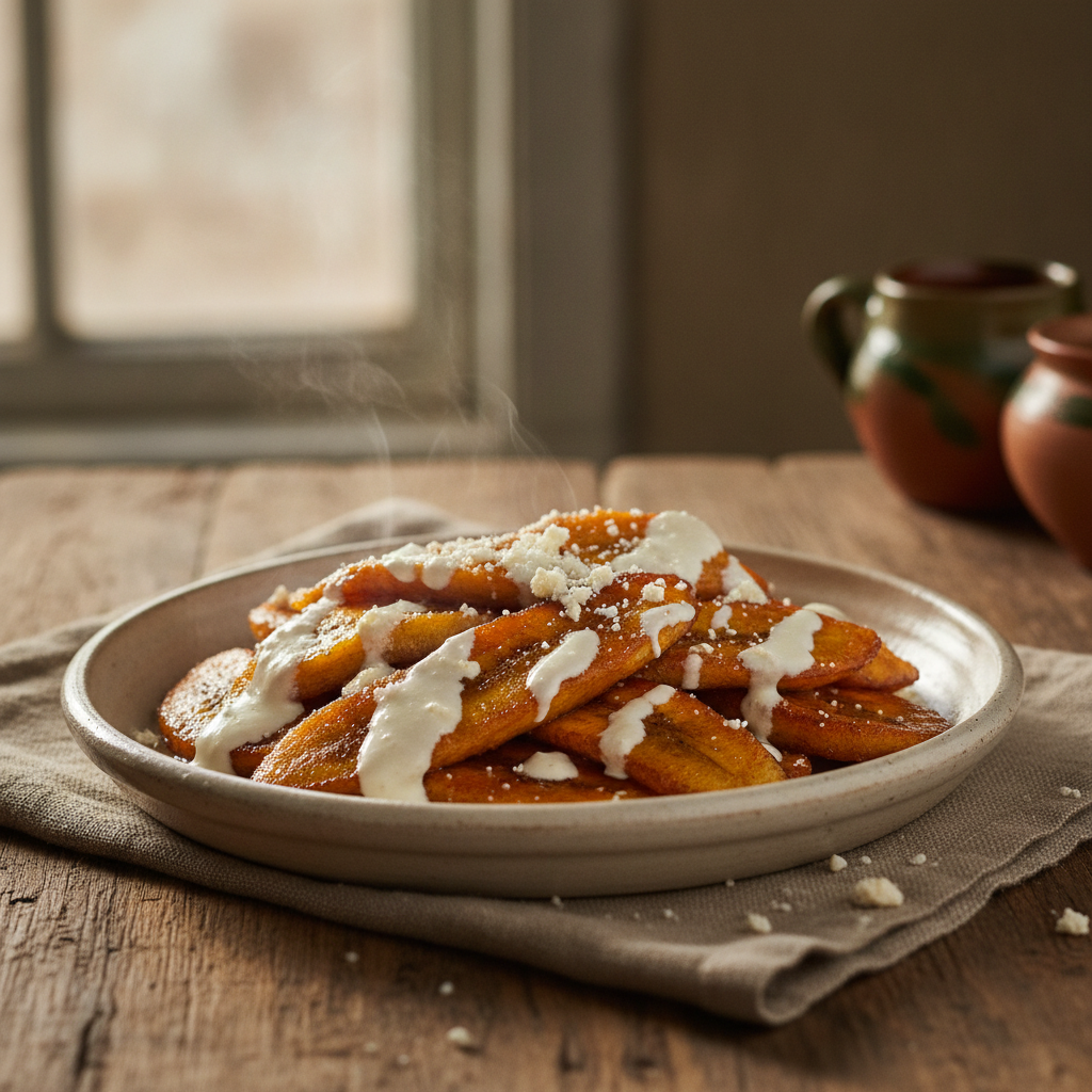 Platanos Fritos: Sweet Fried Plantains with Crema and Cheese