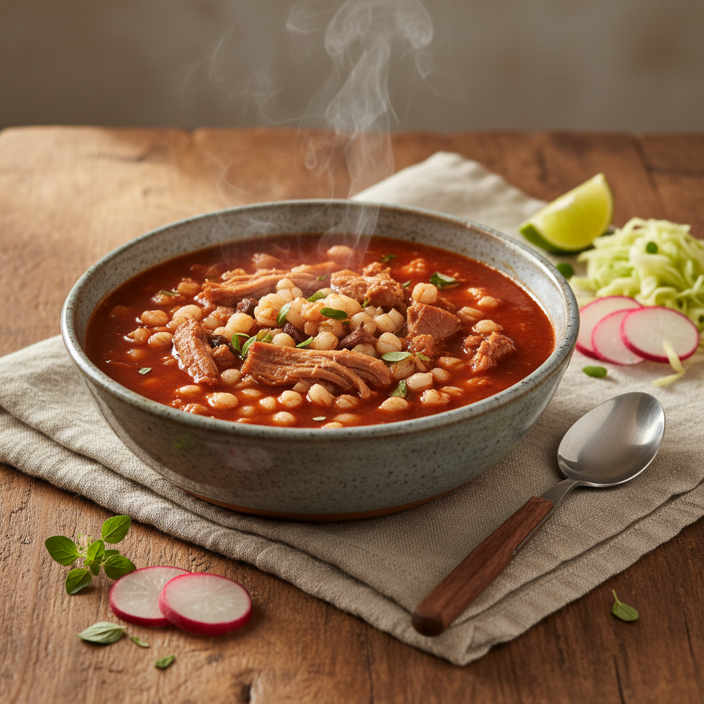 Pozole Rojo — Guajillo-ancho hominy stew with pork
