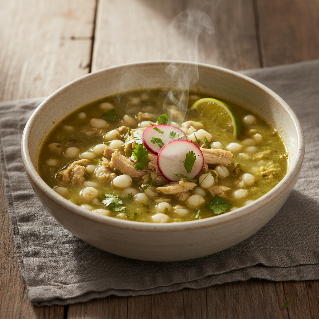 Pozole Verde — Tomatillo and pepita hominy stew with chicken
