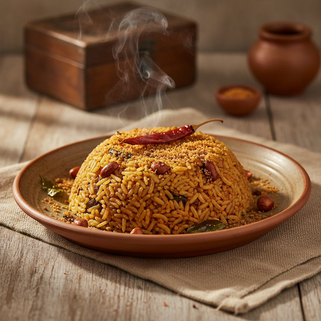 Puliyodarai — Tamil Tamarind Rice with Peanut-Sesame Podi
