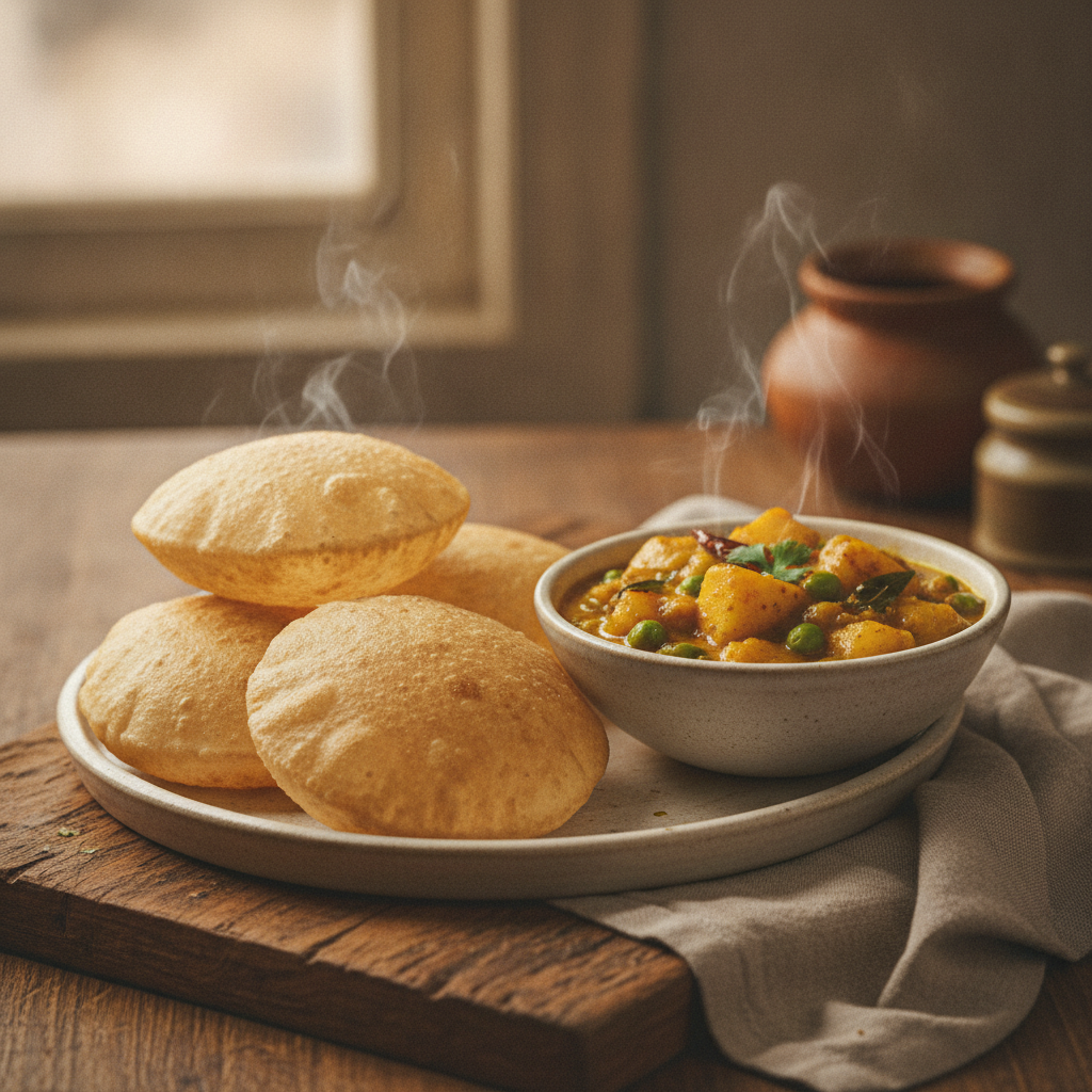 Puri Bhaji: Fried Puffed Bread Potato Curry