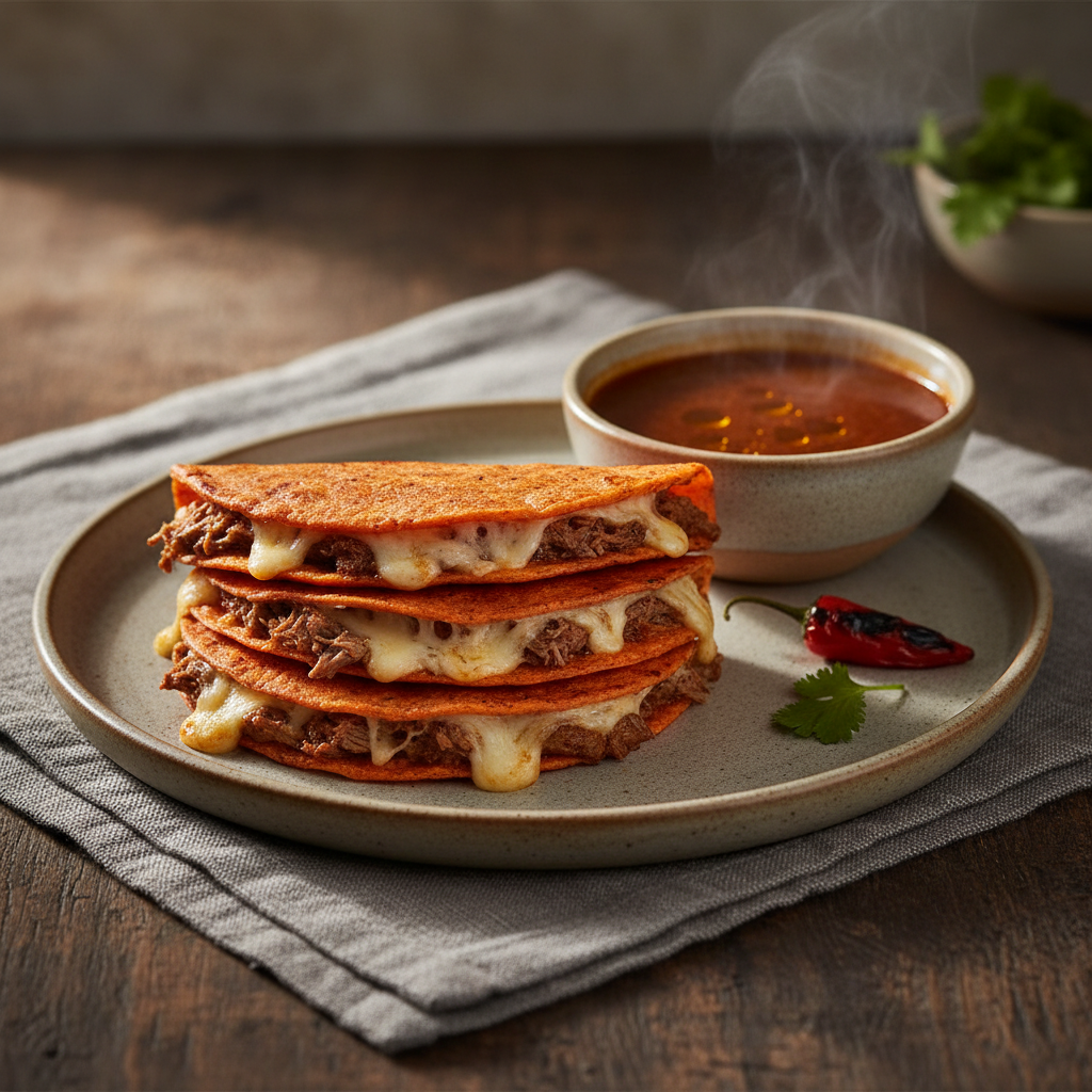 Quesabirria — Birria-dipped tacos with melted Oaxacan cheese