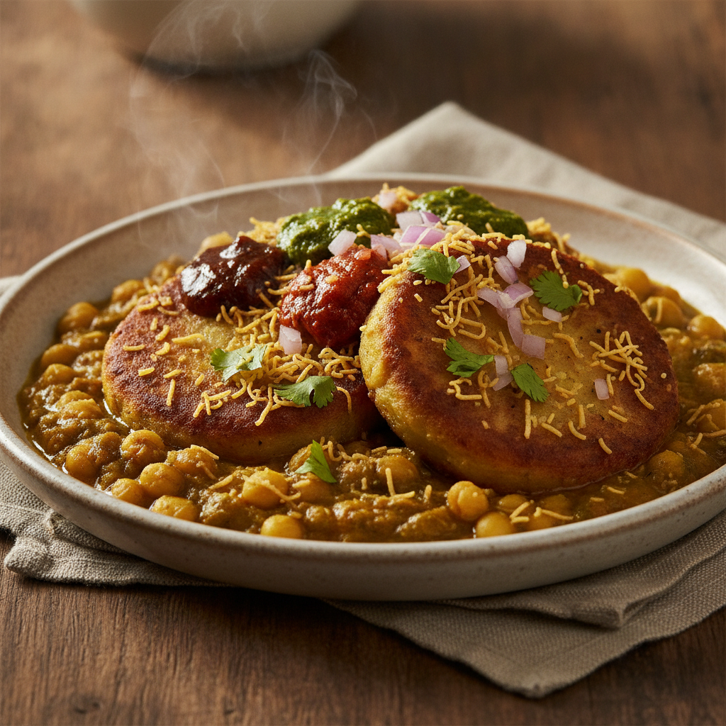 Ragda Pattice — Crisp Potato Cakes, Spiced Peas, Three Chutneys