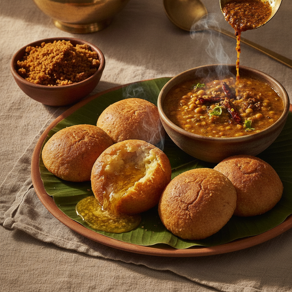 Dal Baati Churma — Hard Wheat Rolls, Five-Lentil Dal, Sweet Churma