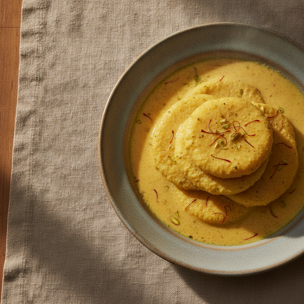 Rasmalai: Bengali Chhena Dumplings in Saffron Cardamom Cream