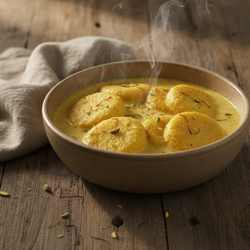 Rasmalai — flattened cheese dumplings in saffron-cardamom milk