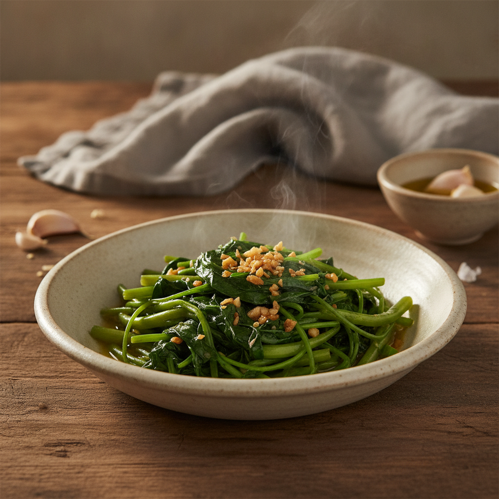 Simple stir-fried water spinach with aromatic garlic