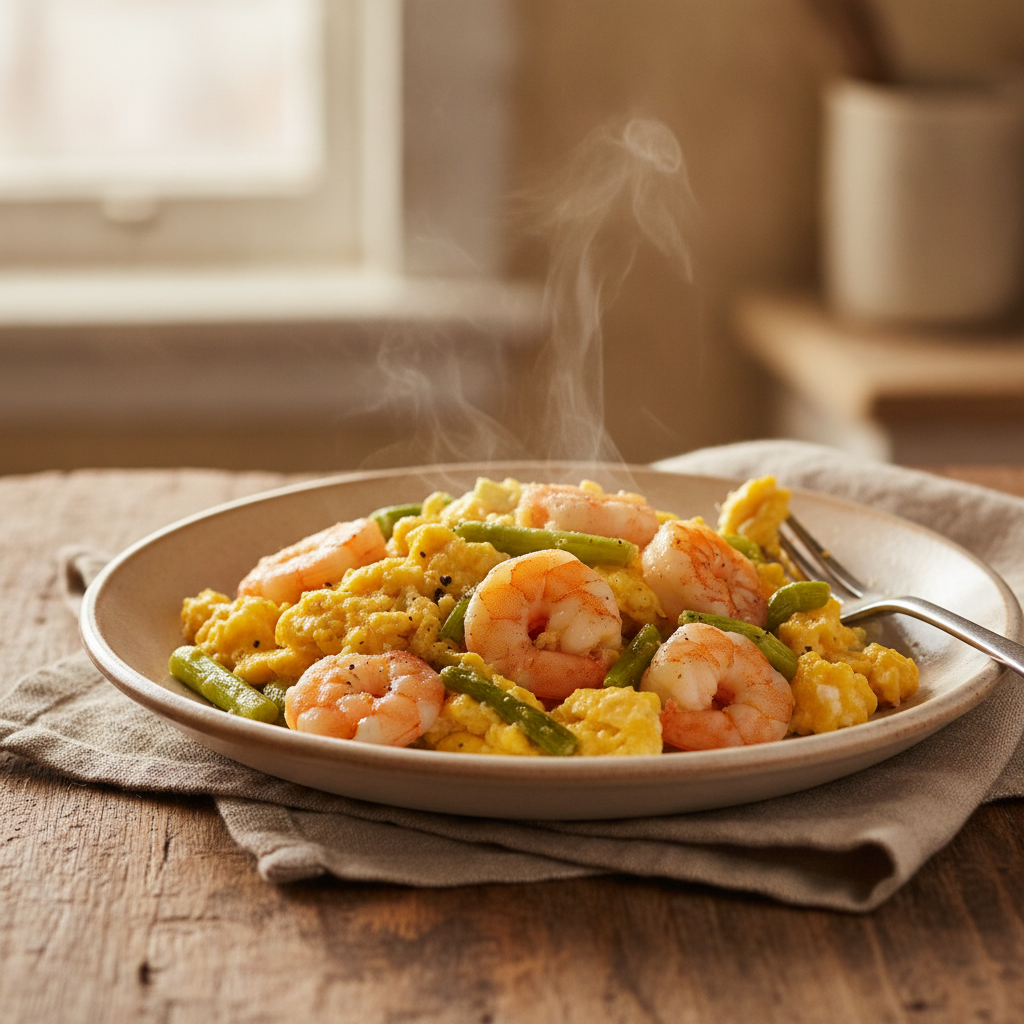Scrambled Eggs with Garlic Shoots and Prawns