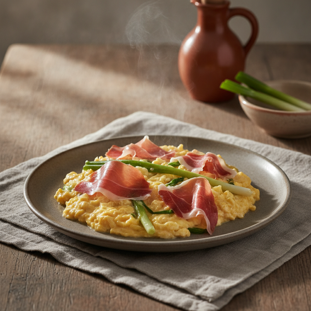 Revuelto de Ajetes con Jamón — Soft-Scrambled Eggs with Young Garlic and Ibérico Ham
