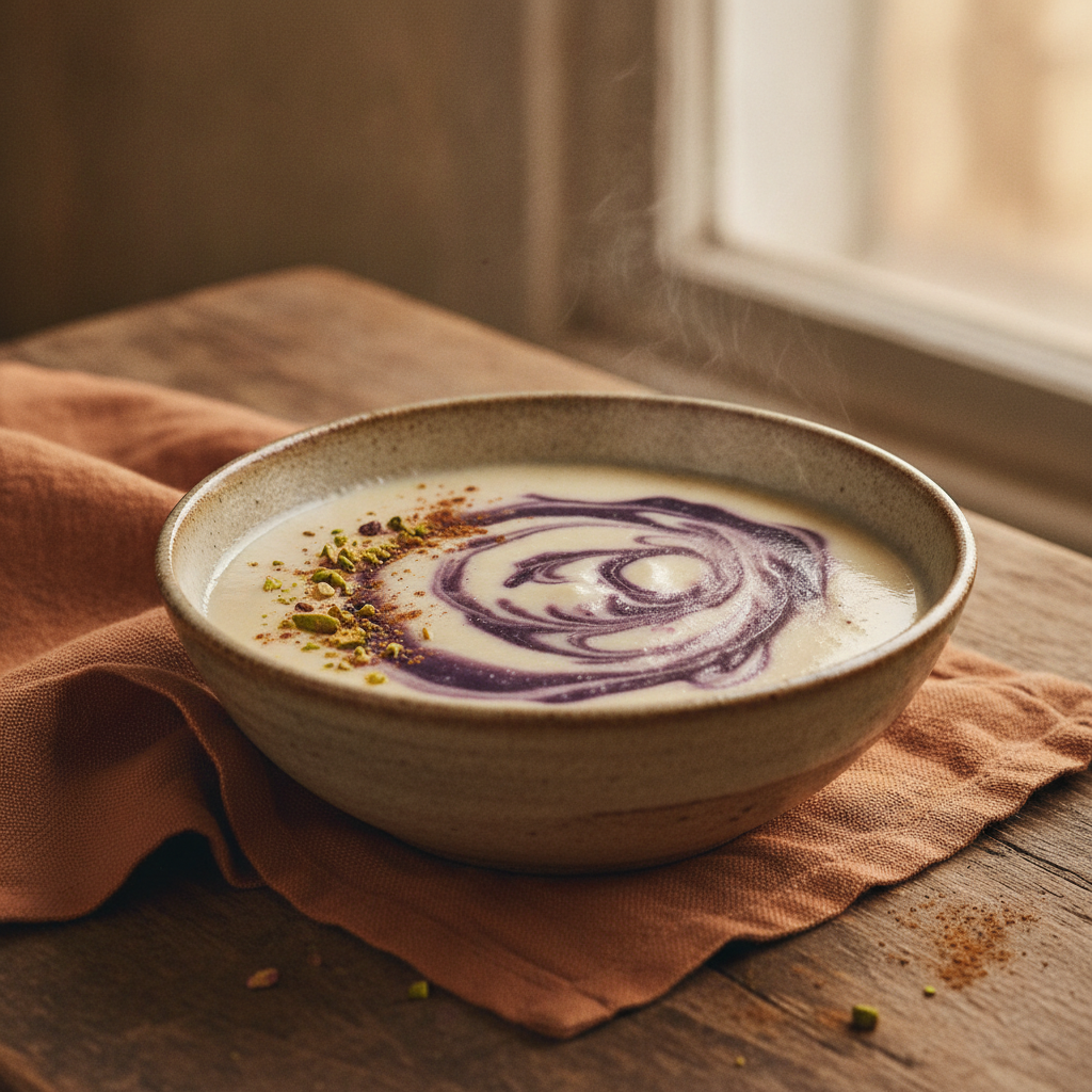 Creamy warm milk pudding drink with orchid root