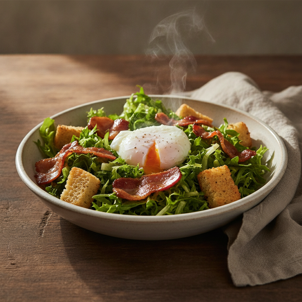 Salade Lyonnaise: Frisée, bacon, croutons, poached egg salad