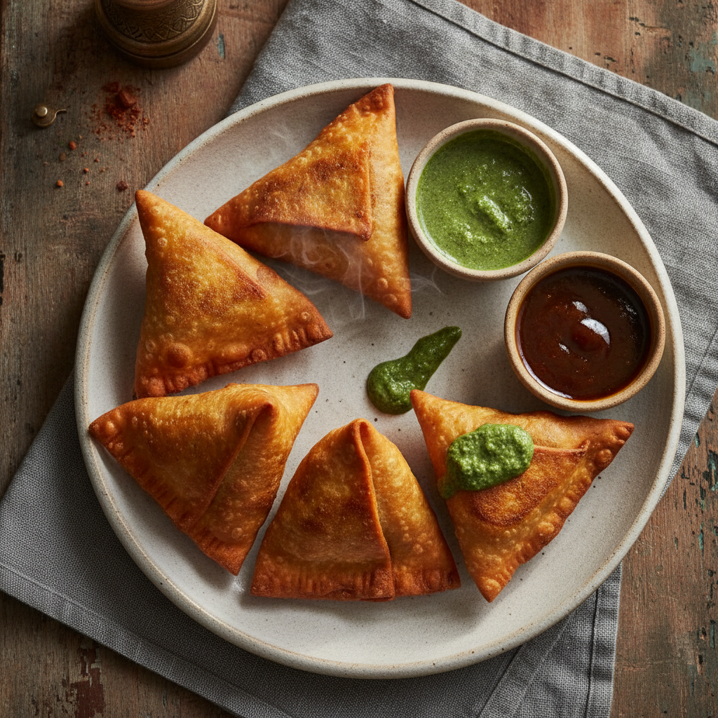 Crispy Samosa with Mint and Tamarind Chutney