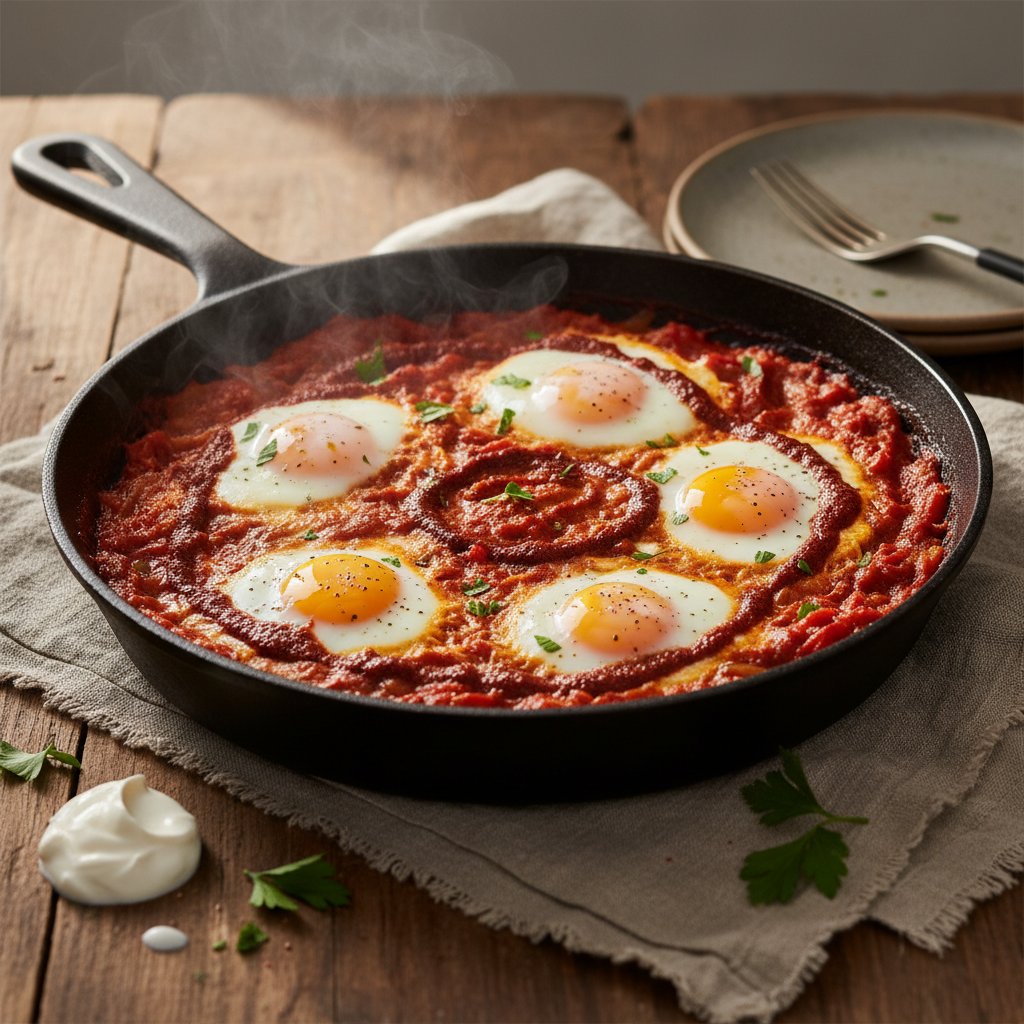 Shakshuka — Eggs Poached in Spiced Tomato-Pepper Sauce with Harissa