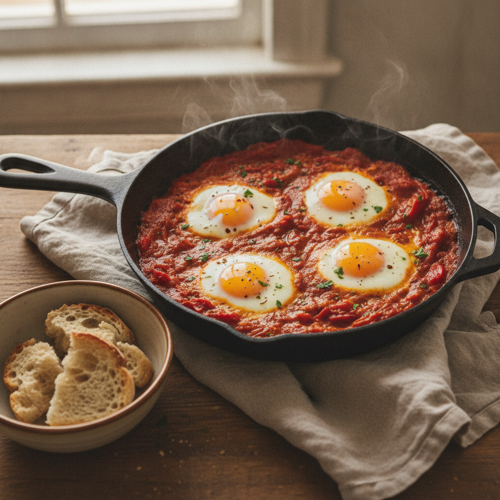 Spicy poached eggs in rich tomato pepper sauce
