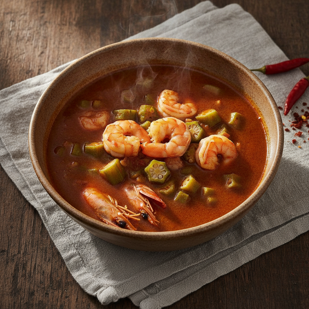 Shrimp and Okra Soup — Shrimp Head Stock, Palm Oil Base, West African Spice
