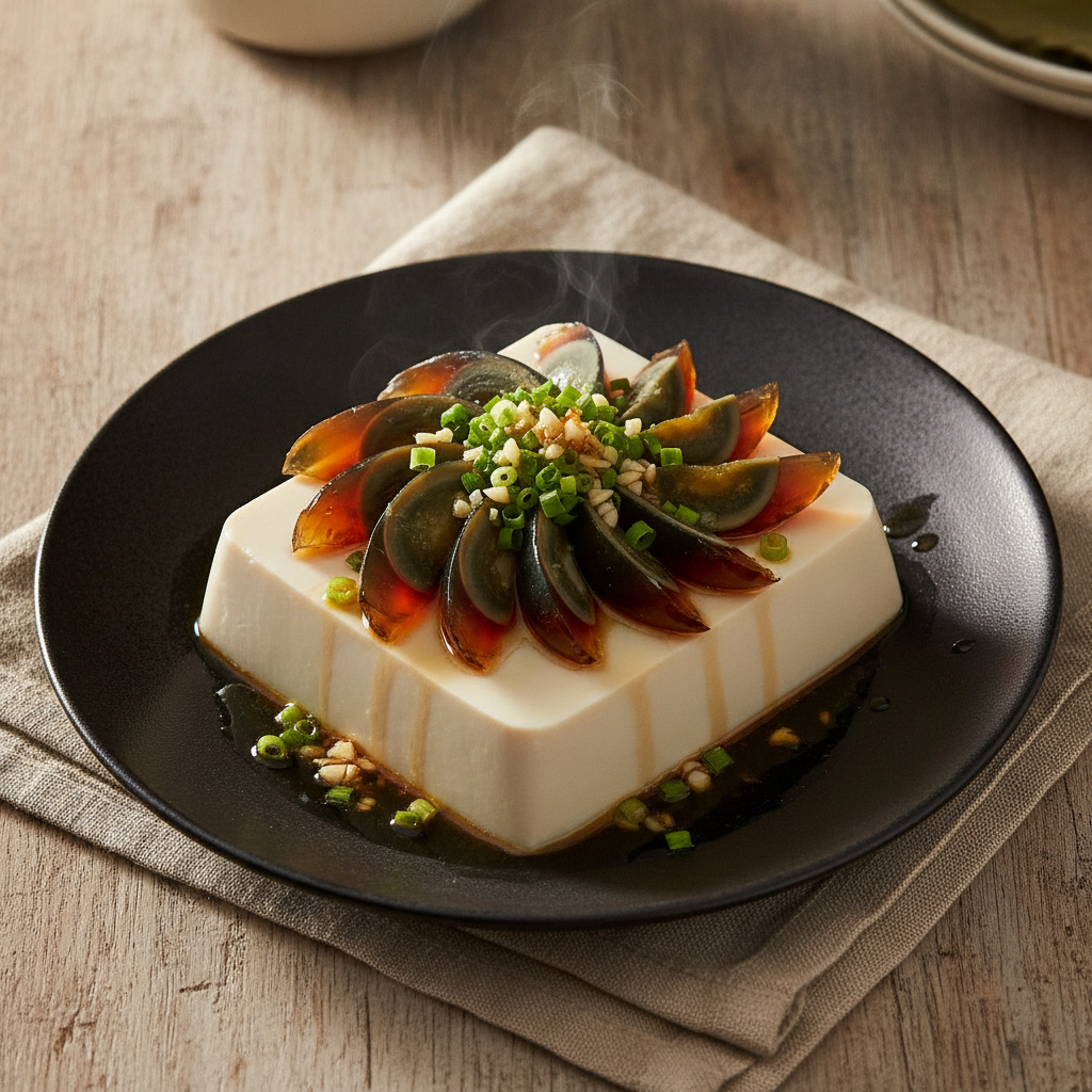 Silken Tofu with Century Egg and Scallion Oil (皮蛋豆腐)