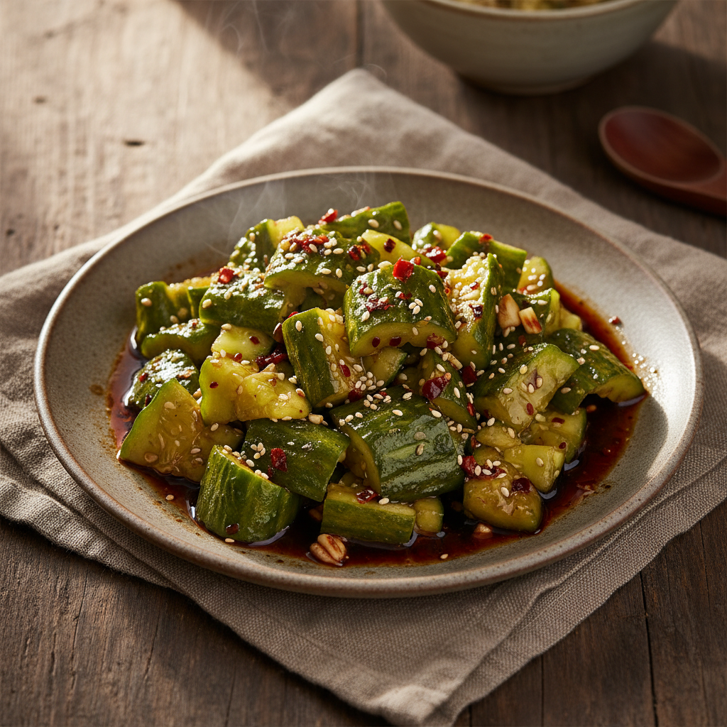 Smashed Cucumber Salad: Garlic, Black Vinegar, Chili Oil