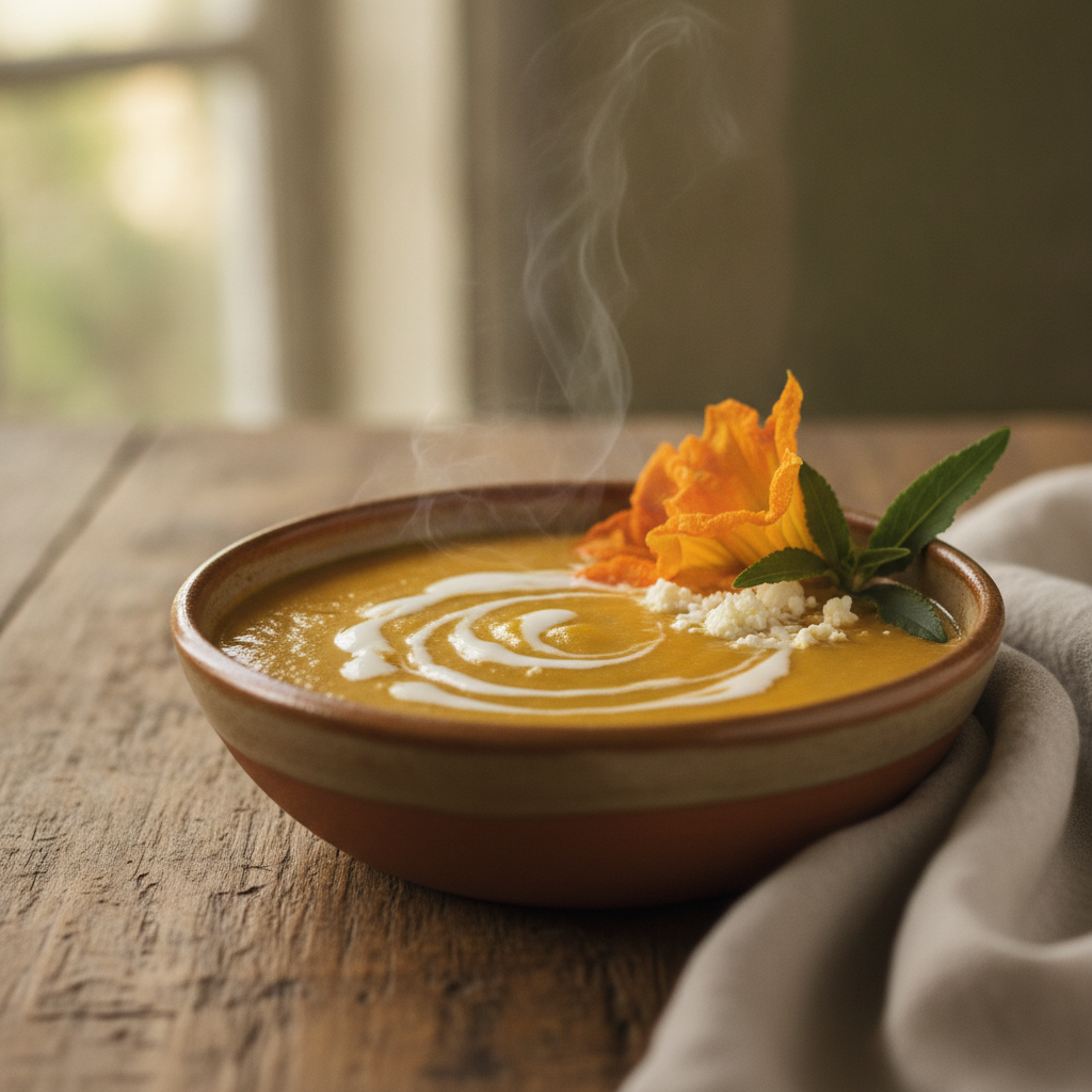 Sopa de Flor de Calabaza — Mexican Squash Blossom Soup with Crema and Epazote