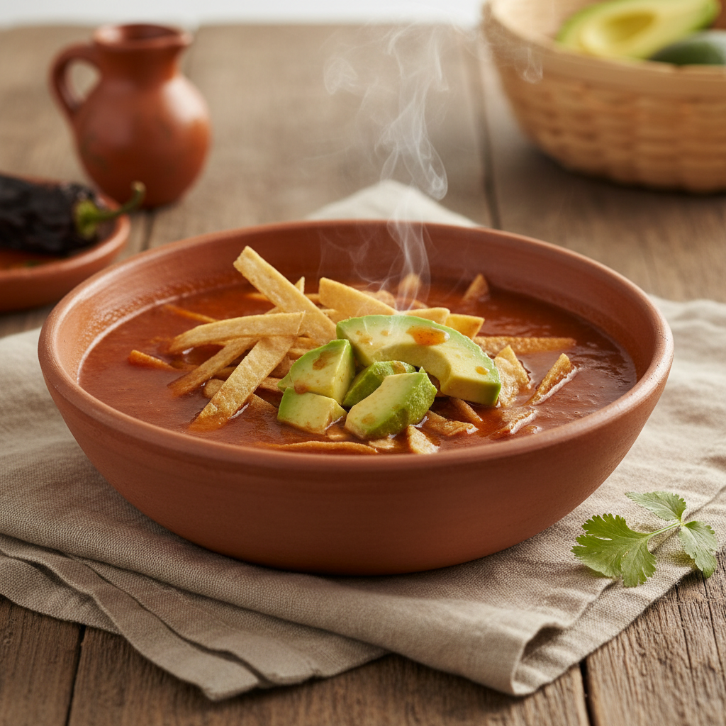 Sopa de Tortilla — Tomato broth with fried tortilla strips and avocado