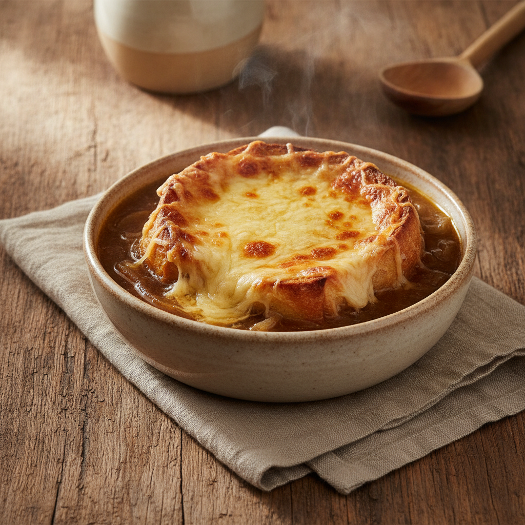Classic French Onion Soup with Cheesy Crouton Topping