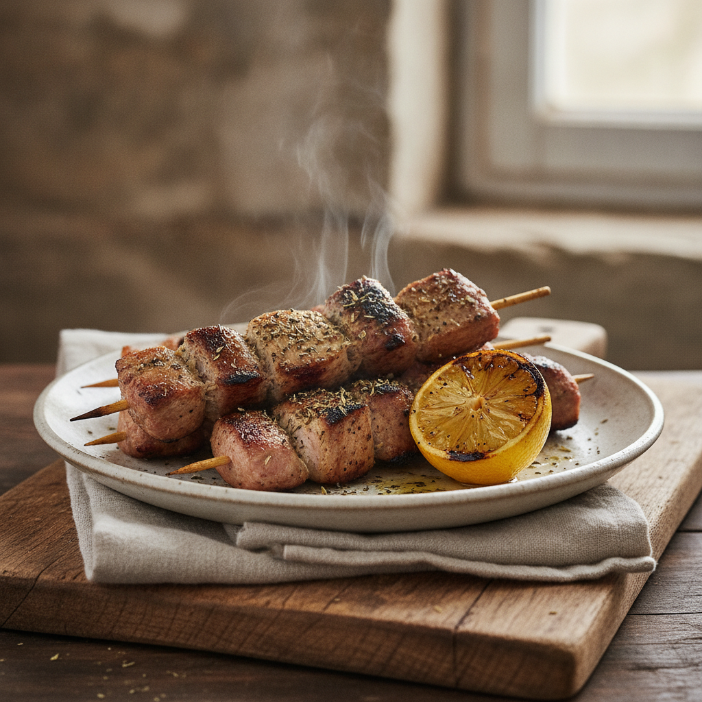 Pork Souvlaki — Oregano, Lemon, Charcoal