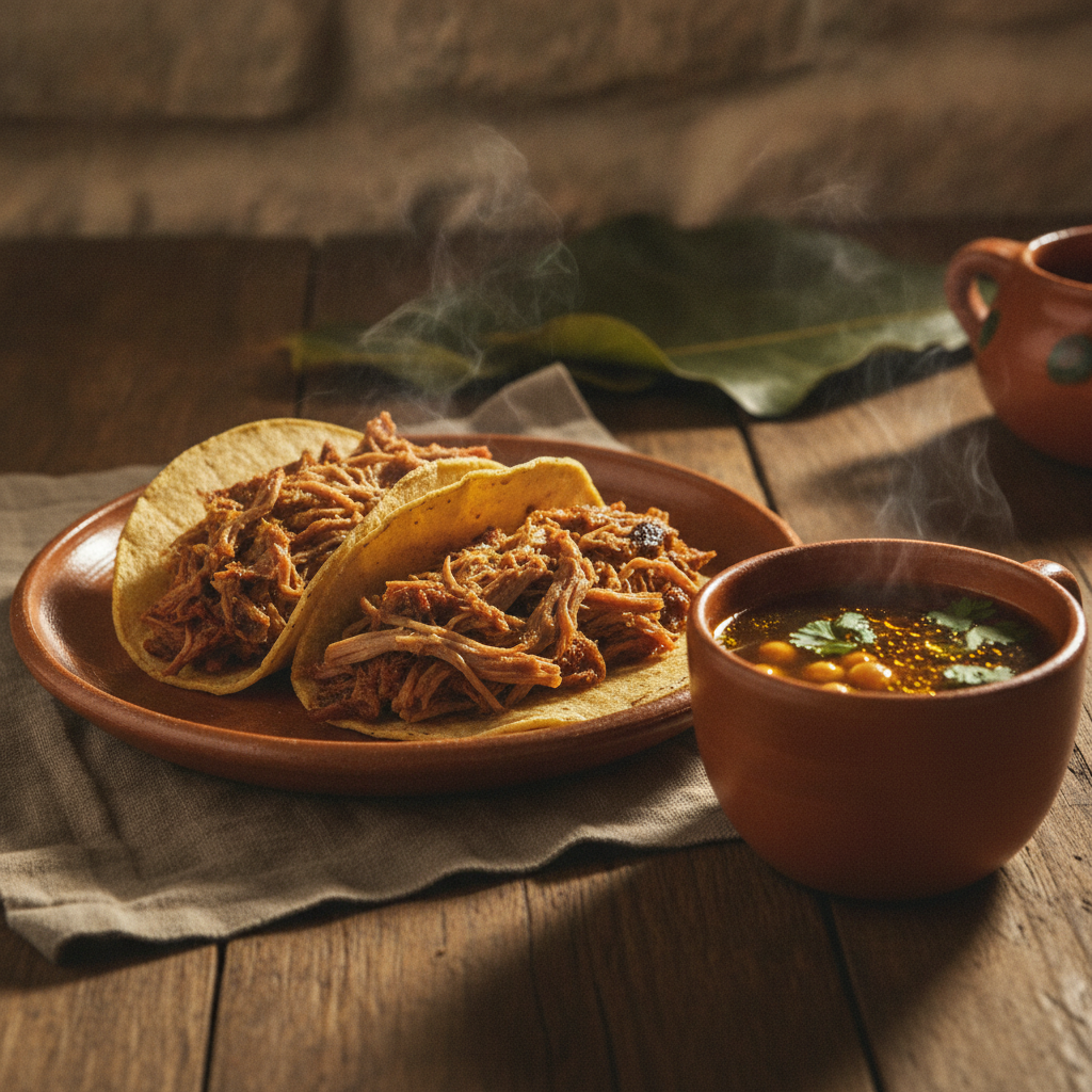 Tacos de Barbacoa — Lamb Wrapped in Maguey, Consomé on the Side