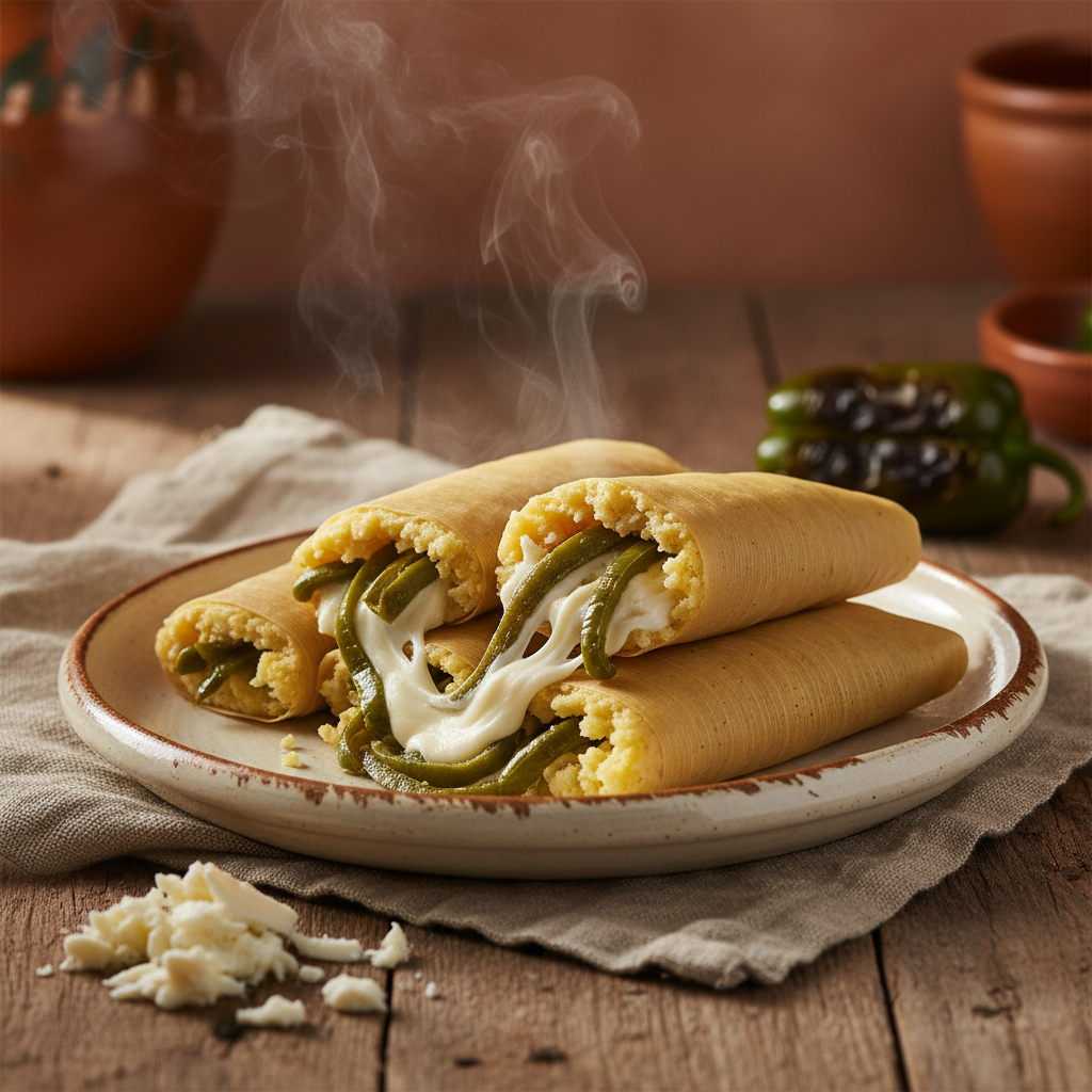 Tamales de Rajas con Queso — Poblano strips and Oaxacan cheese