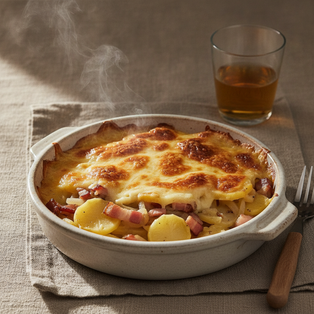 Reblochon Potato, Bacon, Onion Gratin Bake
