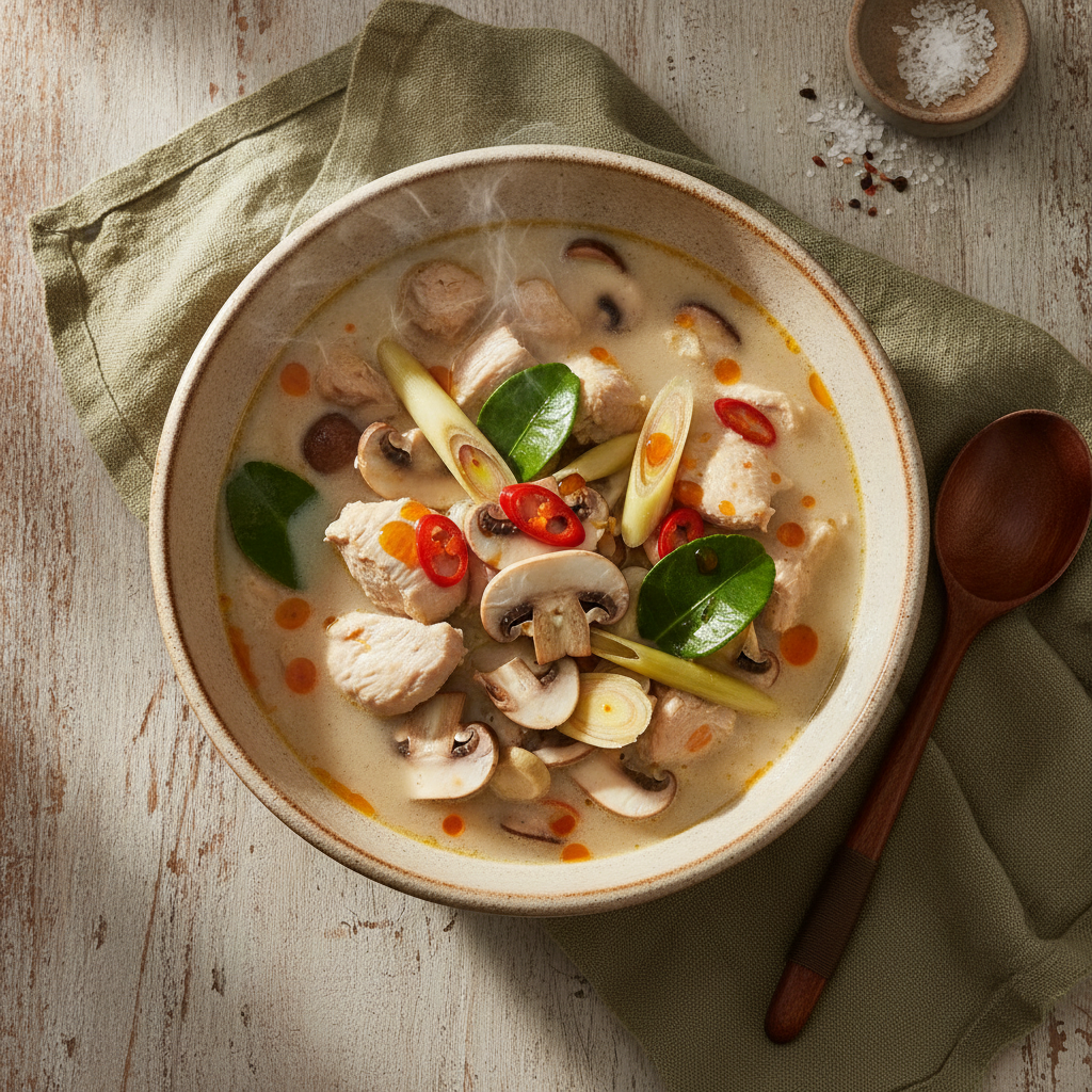 Creamy Coconut Galangal Chicken Soup with Mushrooms
