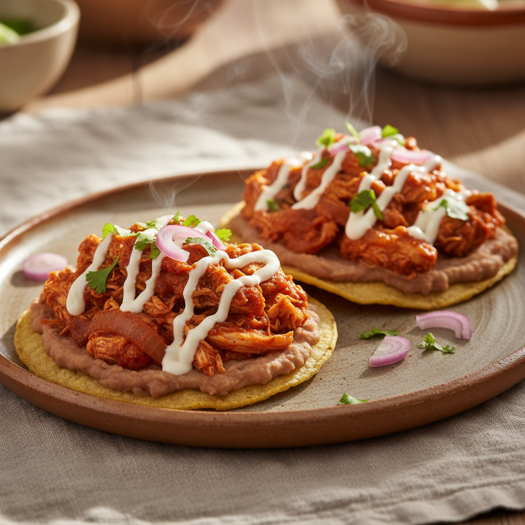 Tostadas de Tinga — Chipotle-shredded chicken on crisp tortillas