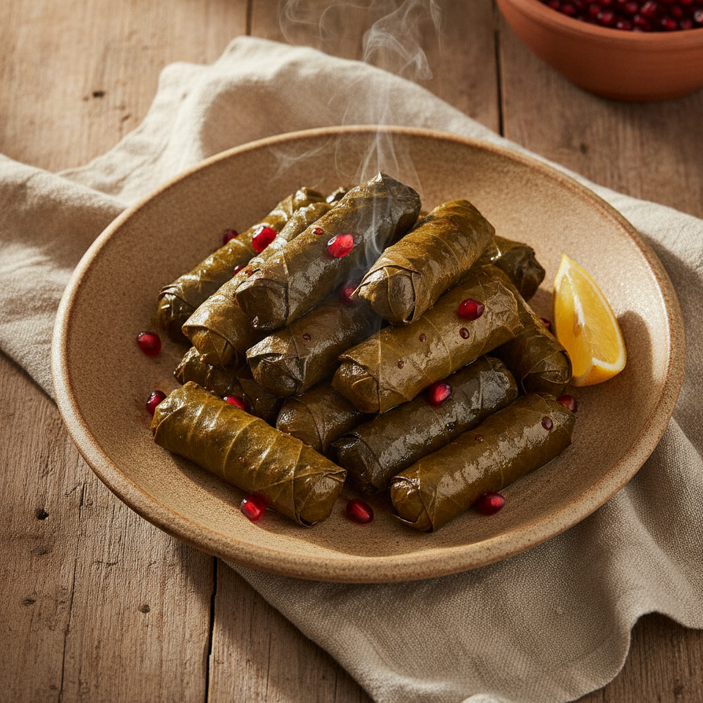 Tangy stuffed grape leaves with rice and meat
