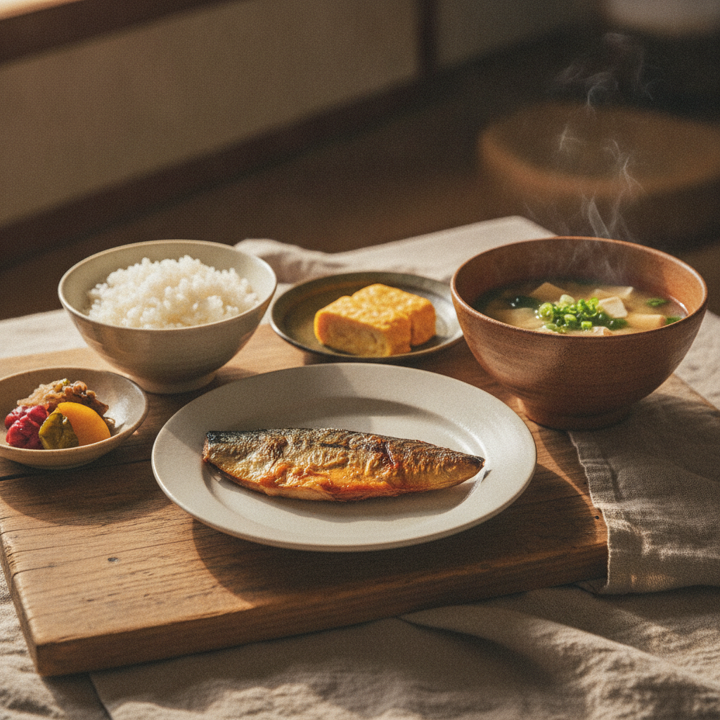 Traditional Japanese Breakfast with Grilled Fish and Miso Soup