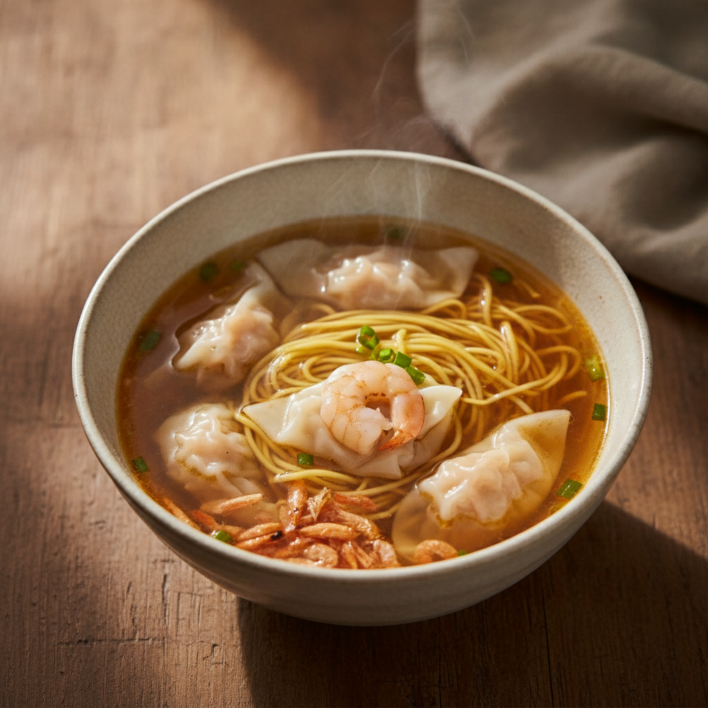 Wonton Noodle Soup — Shrimp-Pork Wontons, Egg Noodles, Clear Cantonese Broth