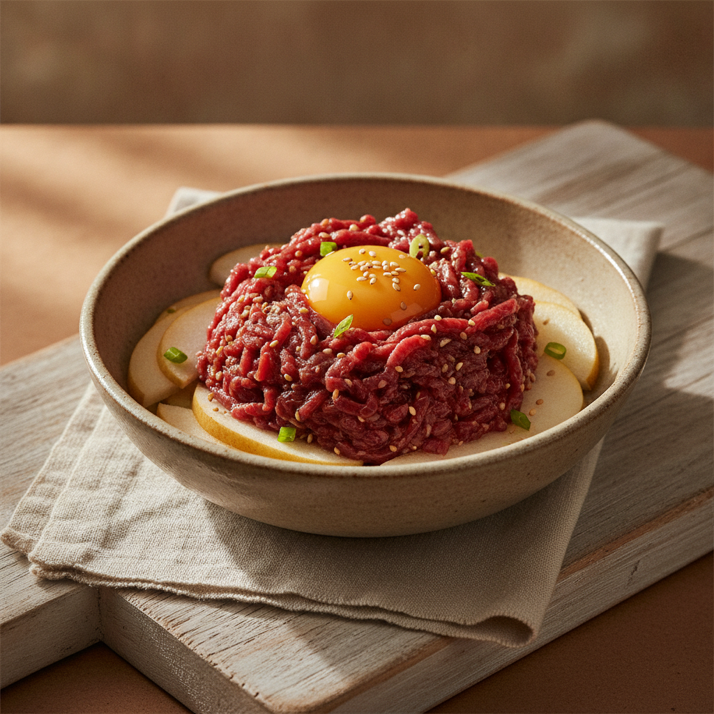 Traditional Korean Seasoned Raw Beef Tartare with Pear